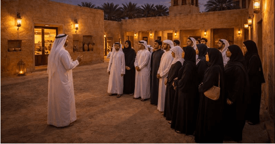 Group of visitors at an evening education session in the museum courtyard